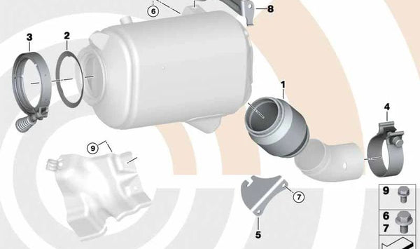 Soporte catalizador cercano al motor para BMW Serie 3 E90, E91, E92 E93, Serie 5 E60, E61, Serie 6 E63N, E64N, X3 E83, X5 E70, X6 E71 (OEM 18207795983). Original BMW