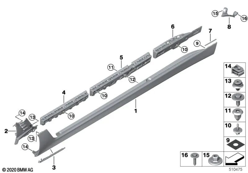 Rechte grundierte Schwellenplatte für BMW G32, G32N (OEM 51777480314). Original BMW