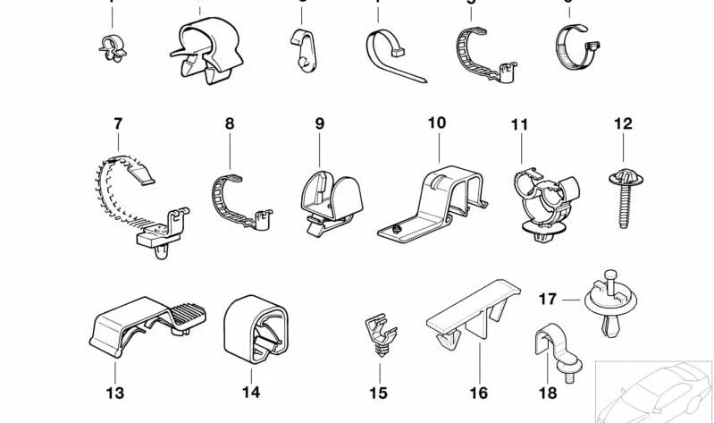 Soporte sujetacables OEM 61131267476 para BMW {E81, E82, E87, E88, F20, F21, G42, E21, E30, E36, E90, E91, E92, E93, F30, F31, F34, F35, G20, G21, G28, G80, F32, F33, F36, F82, G22, G23, G26, G82, G83, E12, E28, E34, E39, E24, E23, E32, E38, E65, E66