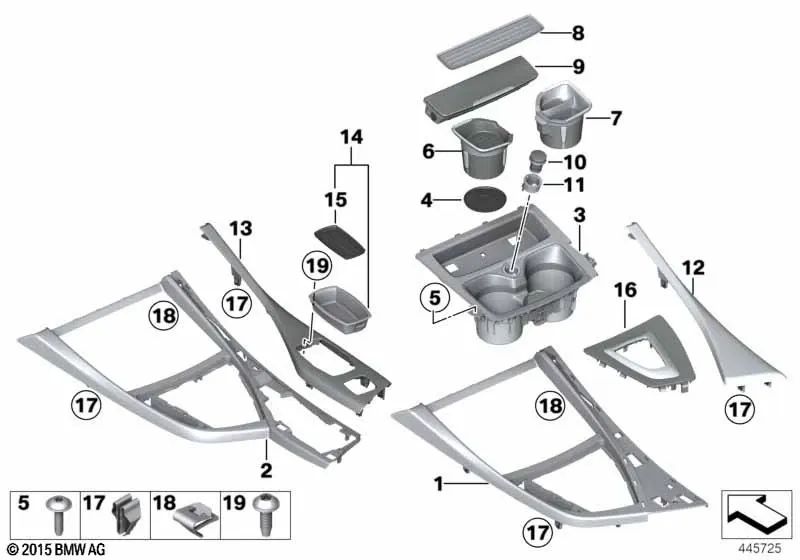 Carcasa consola central plata satinado mate para BMW F20, F21, F22 (OEM 51169209691). Original BMW