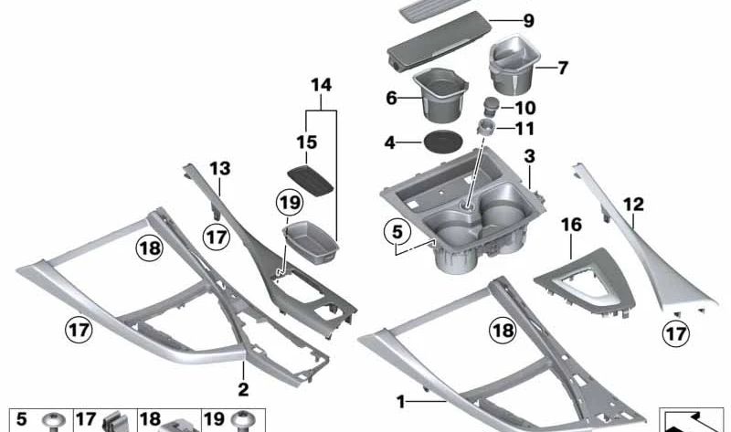 Embellecedor de consola central Aluminio Hexagon OEM 51168054905 para BMW F20, F21, F22. Original BMW.