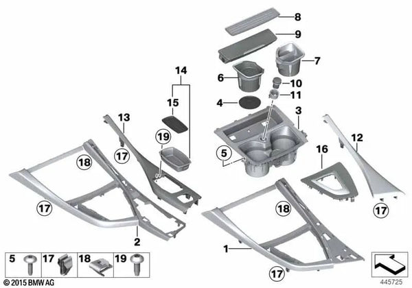 Compartimento de almacenamiento consola central delantera para BMW F20, F21, F22 (OEM 51169227891). Original BMW.