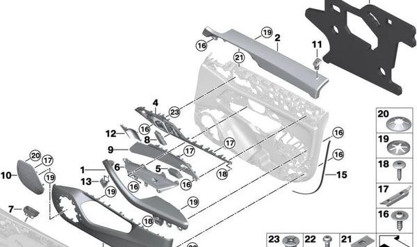 Rejilla altavoz medio izquierdo OEM 51415A47493 para BMW G26 (i4 Gran Coupé). Original BMW