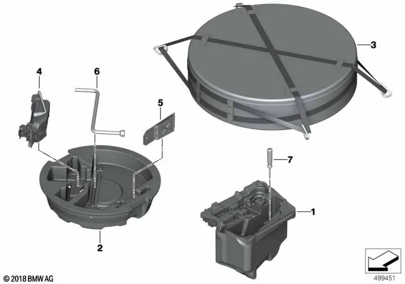 Recipiente para rueda de repuesto para BMW F90, G30, G31, G38, G11, G12, F91, F92, F93 (OEM 71106867759). Original BMW.