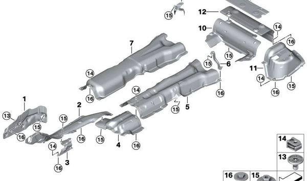 Aislamiento térmico para silenciador delantero OEM 51489449821 para BMW G60, G61, G68, G70. Original BMW.