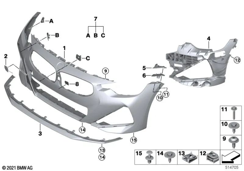 Guía parachoques izquierda inferior para BMW G42 (OEM 51118497287). Original BMW.