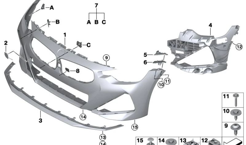 Supporto in basso a destra per Bumper OEM 51118497288 per BMW G42. BMW originale.