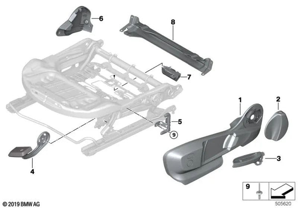 Cubierta exterior del asiento derecho para BMW Serie 1 F40, Serie 2 F44 (OEM 52107949714). Original BMW