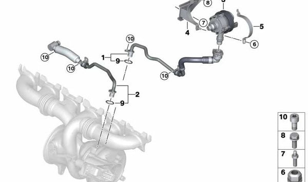 Tubería de Refrigerante Turbocompresor de Escape para BMW G42, G20N, G21N, G22, G23, G26, G26N, G30N, G31N, G32N, G11N, G12N, G14, G15, G16, G01, G01N, G02, G02N, G05, G18, G06, G07, G29 (OEM 11539454981). Original BMW