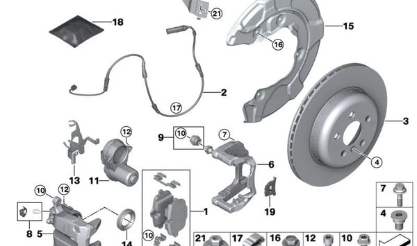 Soporte de pinza de freno trasera derecha OEM 34206894088 para BMW G20, G21, G22, G23, G29. Original BMW.