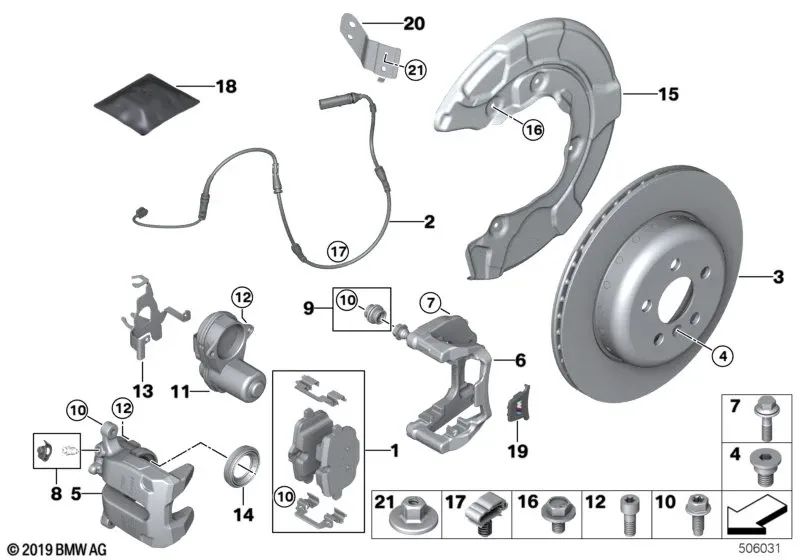 Carcasa del caliper de freno derecha para BMW Serie 3 G80, G81, Serie 4 G82, G83, Serie 5 F90, F90N, Serie 8 F91, F92, F93 (OEM 34208064492). Original BMW