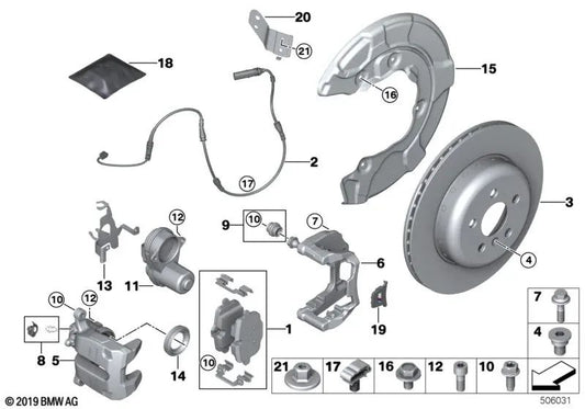 Carcasa del caliper de freno derecha para BMW Serie 3 G80, G81, Serie 4 G82, G83, Serie 5 F90, F90N, Serie 8 F91, F92, F93 (OEM 34208064492). Original BMW