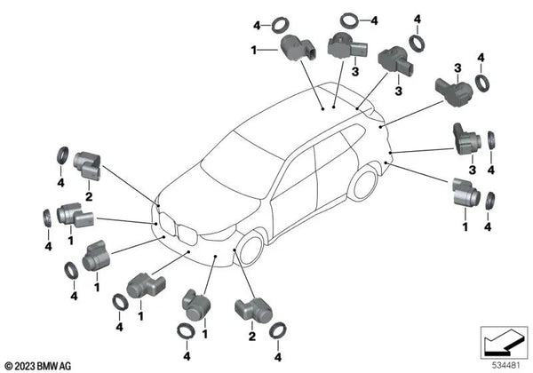 Sensor ultrasónico metálico CapeYorkGrün para BMW X1 U11, U12, XM G09 (OEM 66205A2DA24). Original BMW