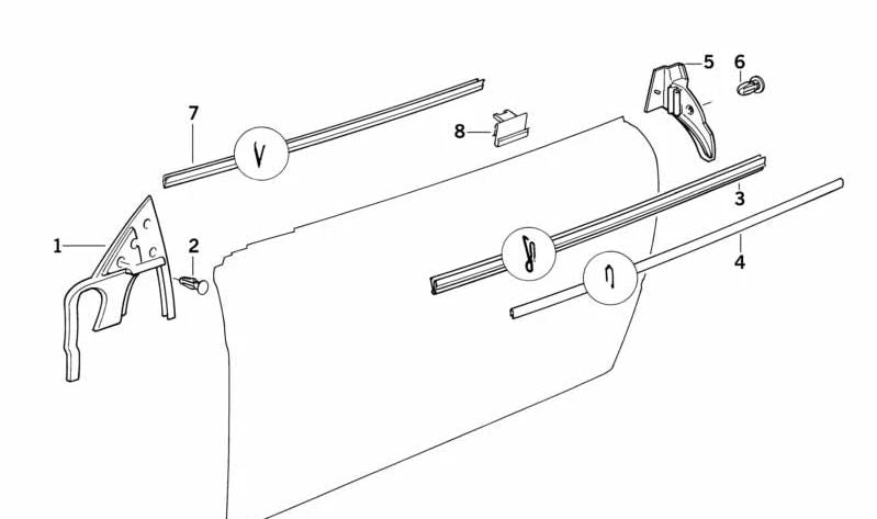 Junta de canal de ventana interior derecha para BMW E31 (OEM 51211970062). Original BMW