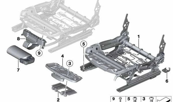 Mecanismo de asiento básico (lado izquierdo) OEM 52107243523 para BMW F20, F30, F31, F34, F36. Original BMW.