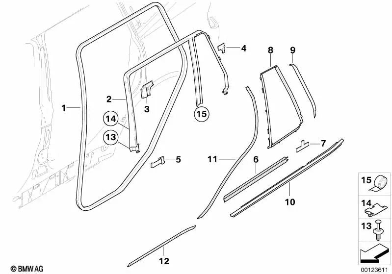 Rear side window seal for BMW X3 E83, E83N (OEM 51223400862). Original BMW.