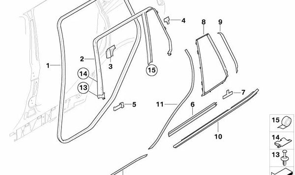 Sellado del Pilar B arriba a la derecha para BMW E83, E83N (OEM 51343402786). Original BMW