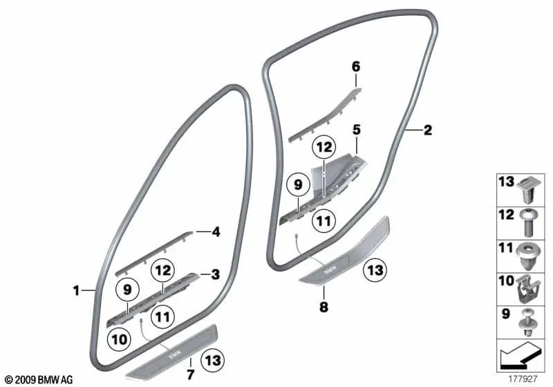 Listón de cobertura de entrada interior trasero izquierdo para BMW F01N (OEM 51477344559). Original BMW