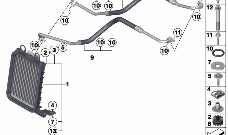 OEM 17217603247 oil cooler return pipe for BMW F25, F26. Original BMW.