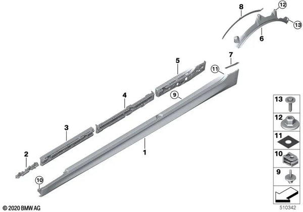 Película protectora para el paso de rueda derecho para BMW F90, F90N (OEM 51128075556). Original BMW.