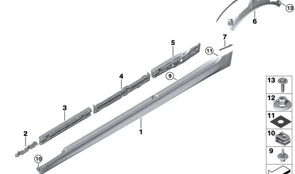 Película protectora para el paso de rueda izquierdo para BMW F90, F90N (OEM 51128075555). Original BMW