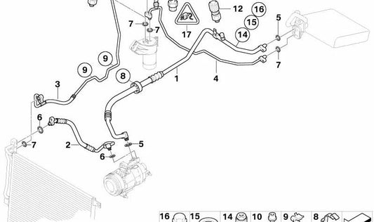 Tubería de alta presión compresor-condensador OEM 64536909235 para BMW E85, E86. Original BMW.