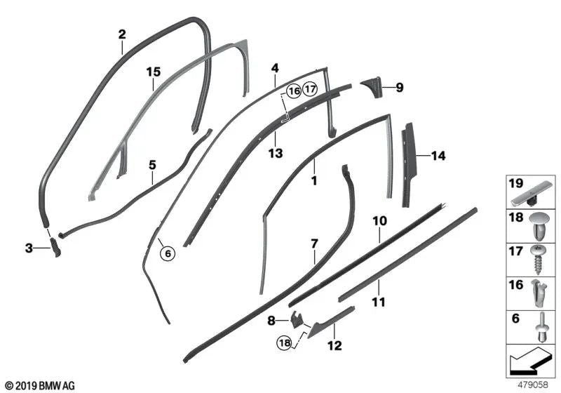 Sello de puerta derecha para BMW I12, I12N (OEM 51767312986). Original BMW