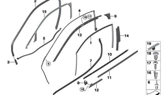 Parte de espuma puerta delantera izquierda para BMW I12, I12N (OEM 51337358247). Original BMW.