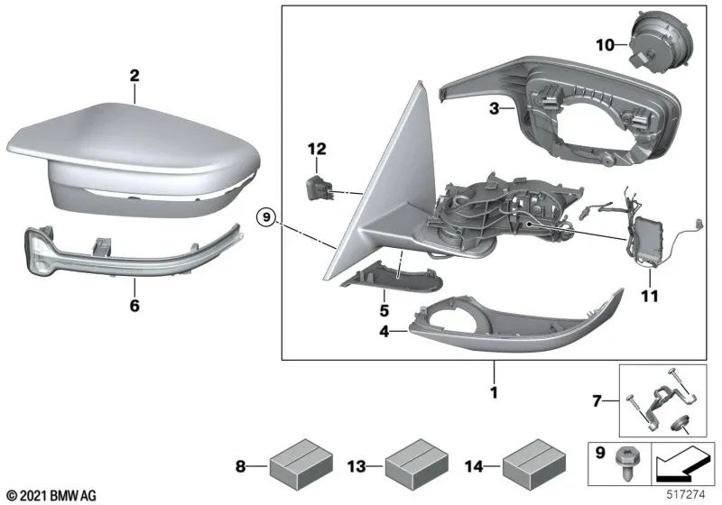 Espejo lateral sin cristal, calefactado, derecho para BMW Serie 4 G26 (OEM 51165A43BE6). Original BMW