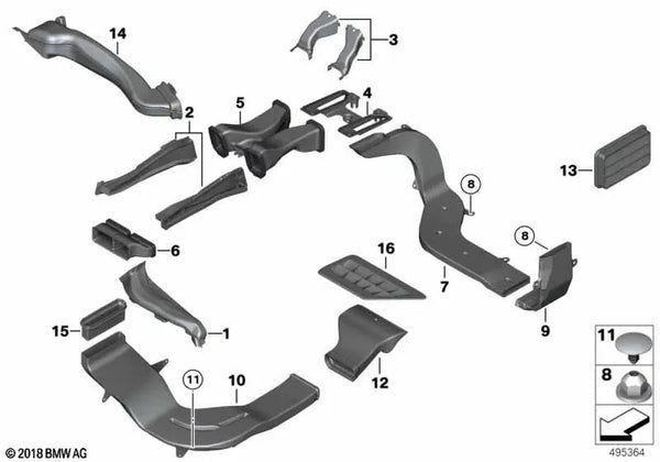 Conducto de aire del pilar B exterior derecho para BMW F10, F11, F18 (OEM 64229173394). Original BMW.