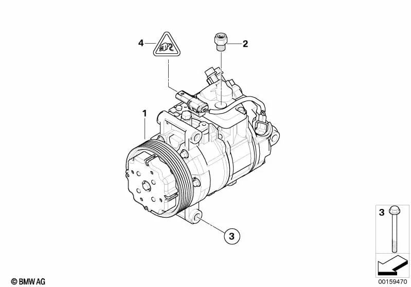 Compressore di aria condizionata con frizione magnetica per BMW E81, E82, E87N, E88 Serie 3 E90, E90N, E91, E91N, E92, E92N, E93, E93N Serie 5 E60N, E61N X1 E84 (OEM 64526987862). BMW originale.