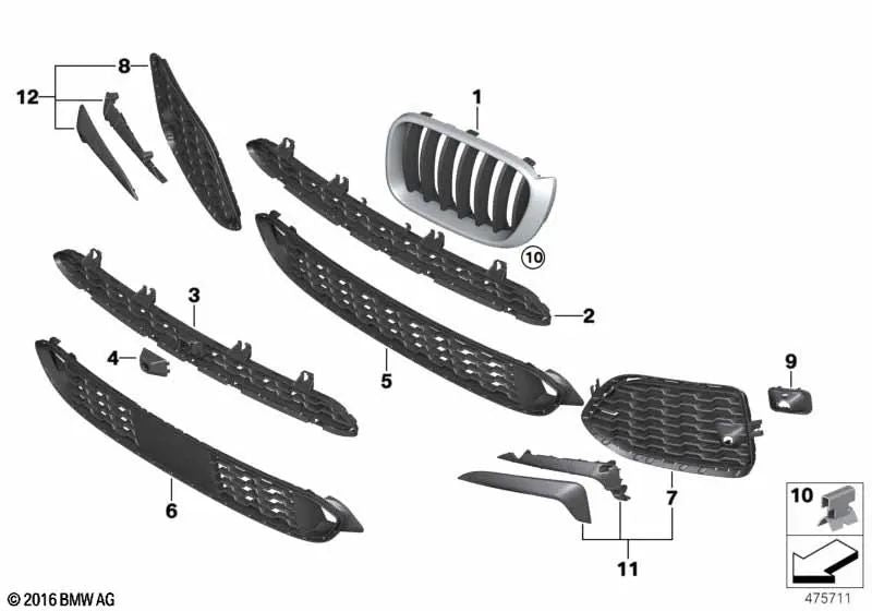 Rejilla delantera izquierda para BMW F25, F26 (OEM 51117338571). Original BMW.