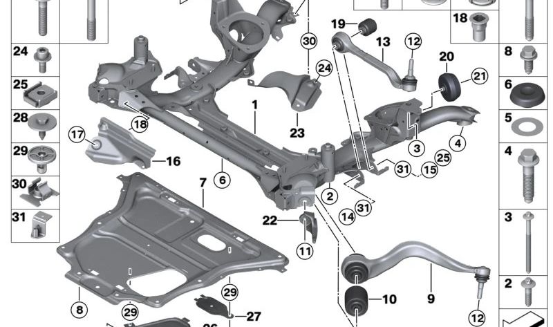 Soporte del Eje Delantero para BMW Serie 1 F20, F21, Serie 2 F22, F23, Serie 3 F30, F31, F35 (OEM 31106872121). Original BMW