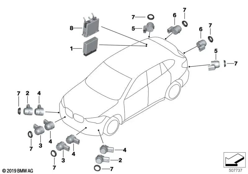 Sensor de Ultrasonido Dark Shadow para BMW F45, F45N, F46, F46N, G32, F39, G01, G08, F26, G02 (OEM 66207850461). Original BMW