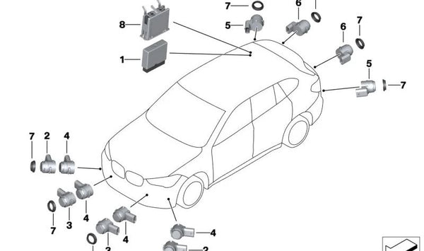 Sensor de aparcamiento ultrasónico color Glacier Silver OEM 66209283755 para BMW F45, F46, F48, F39, F25, F26. Original BMW.