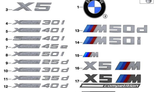 Emblema posteriore "X5 M" OEM originale 51148074375 per BMW F95. Compatibile esclusivamente con il modello X5 M. BMW.