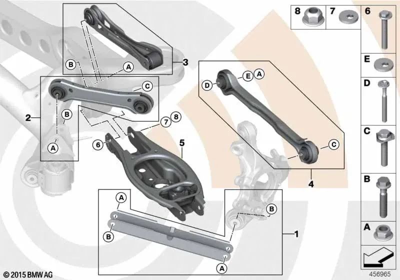 Reparación brazo de guía derecha para BMW Serie 1 E81, E82, E87, E87N, E88, Serie 3 E90, E91, E92, E93, E90N, E91N, E92N, E93N, X1 E84 (OEM 33322409890). Original BMW.