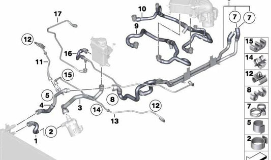 Manguera de refrigerante para BMW Serie 7 F01, F02 (OEM 17127591094). Original BMW