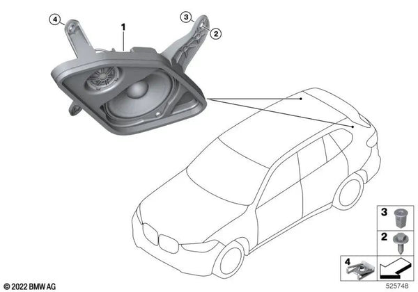 Soporte de altavoz en el pilar D derecho para BMW X6 F96, G06, XM G09 (OEM 65137952132). Original BMW.