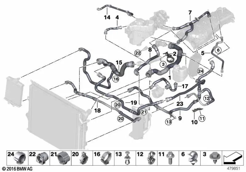 Tubo del Radiador de Refrigerante para BMW F20N, F21N Serie 1, F22, F22N, F23, F23N Serie 2, F30N, F31N, F34N Serie 3, F32, F32N, F33, F33N, F36, F36N Serie 4 (OEM 17128616560). Original BMW