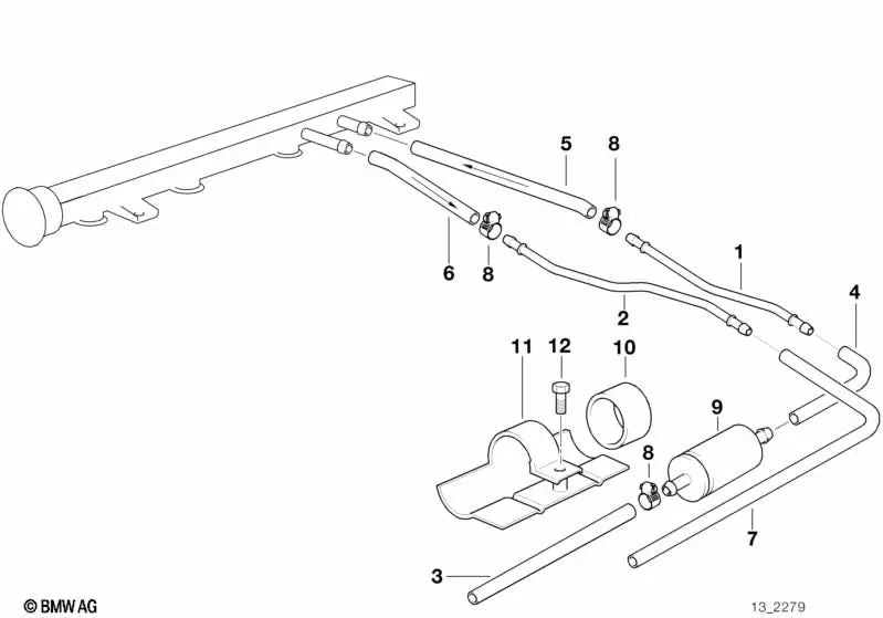 Juego de manguera de combustible/Abrazadera para BMW E30, E36, E34, E32, E38, E31 (OEM 13311703491). Original BMW