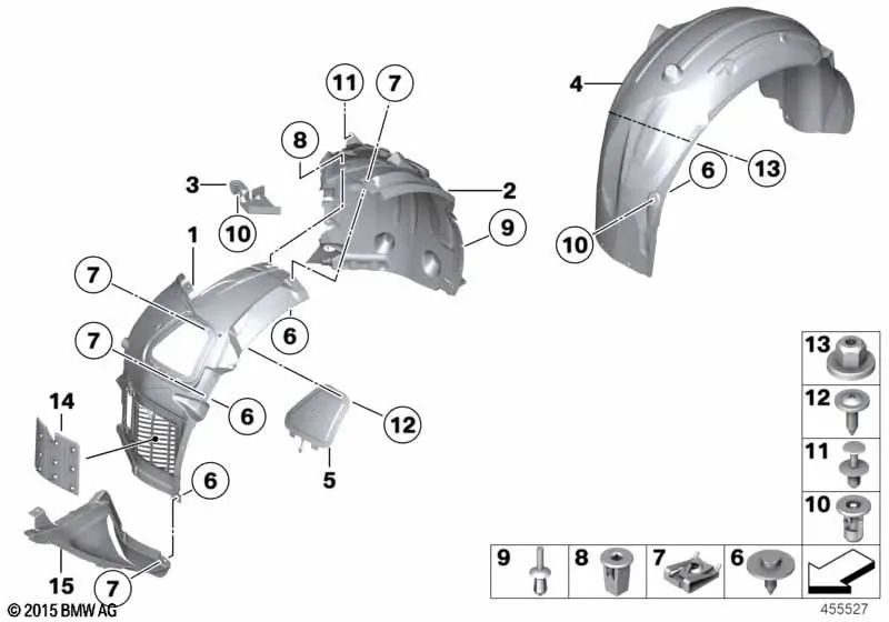 Capa de contraforte esquerdo para a série BMW 5 F10, F11, F18 (OEM 51717186723). BMW original