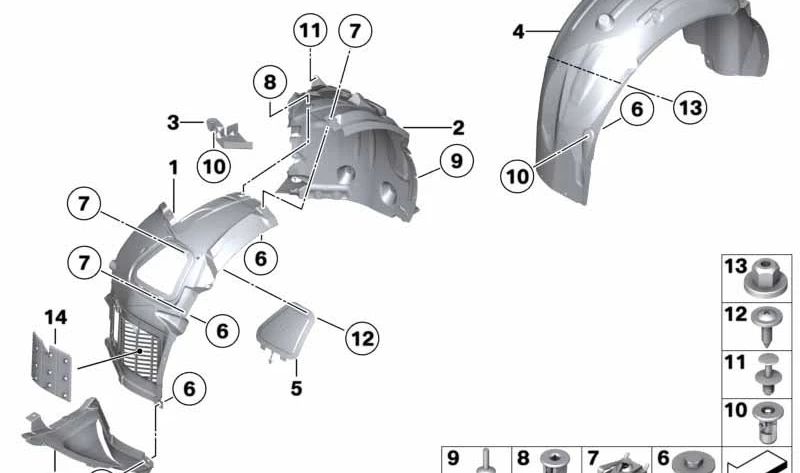 Cubierta del paso de rueda trasera izquierda para BMW F10, F18 (OEM 51717186729). Original BMW