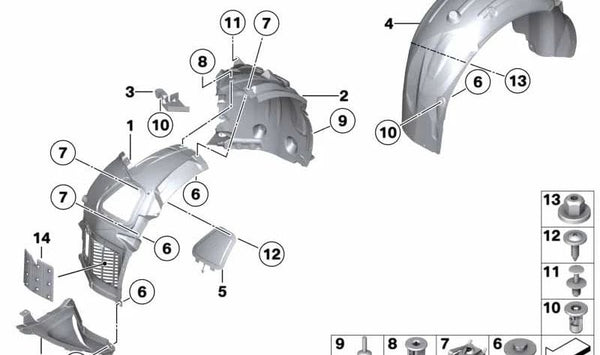 Cubierta del paso de rueda trasero derecho para BMW Serie 5 F11 (OEM 51717209188). Original BMW.