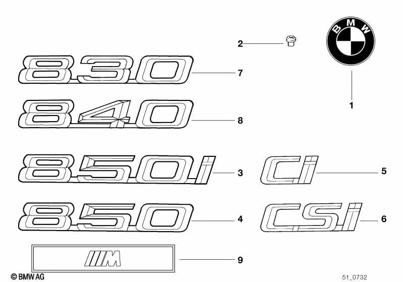 Emblema pegado trasero para BMW Serie 8 E31 (OEM 51148152860). Original BMW