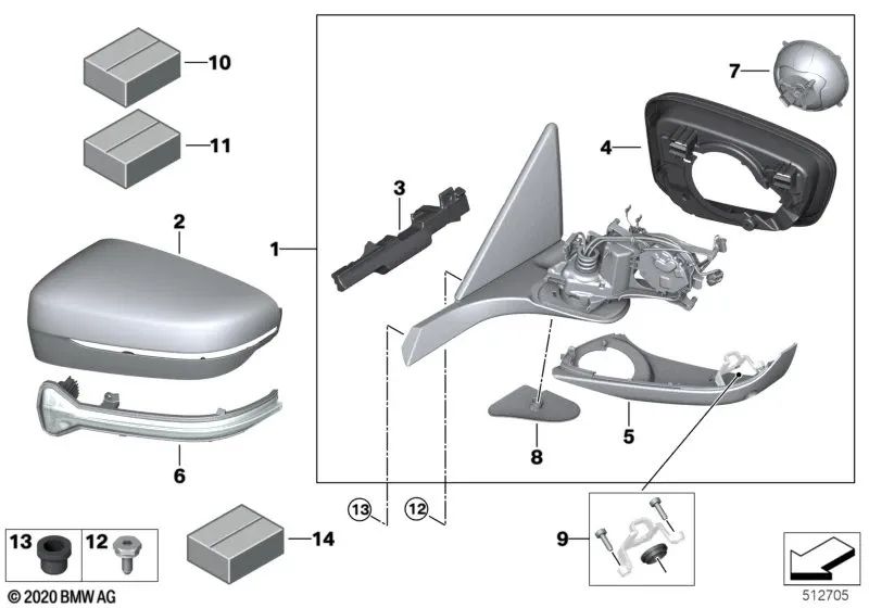 Heated exterior rearview mirror with memory for BMW G14, G15, G16 (OEM 51169498908). Original BMW