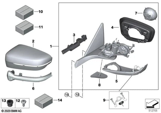 Heated exterior rearview mirror with memory for BMW G14, G15, G16 (OEM 51169498908). Original BMW