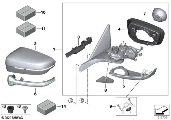 Espejo exterior calefactado Memory Bus izquierda para BMW G14, G15, G16 (OEM 51169498919). Original BMW.