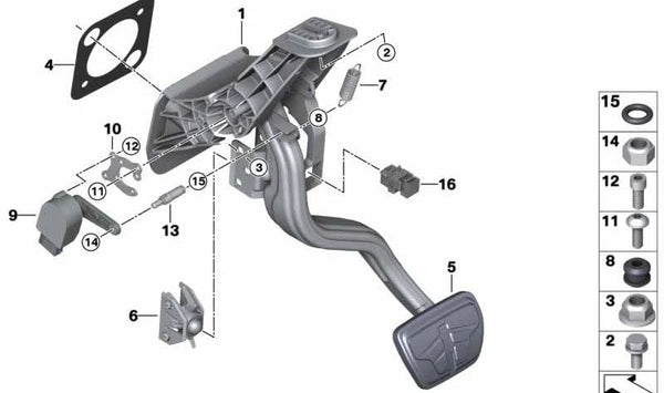 Sensor de recorrido del pedal de freno para BMW Serie 5 G30, G31, G38, Serie 6 G32, Serie 7 G11, X3 G01, X4 G02 (OEM 35006866488). Original BMW