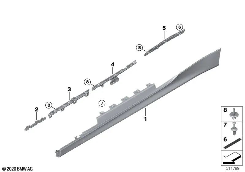 Cubierta de umbral imprimada derecha para BMW G22, G23 (OEM 51779850260). Original BMW